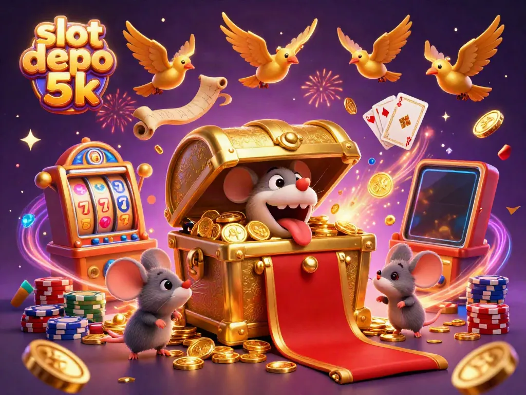 Engage in thrilling gameplay at slot depo 5k featuring dynamic scenes of spinning slot machines and festive celebrations.