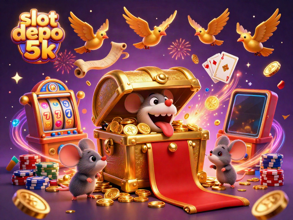 Engage in thrilling gameplay at slot depo 5k featuring dynamic scenes of spinning slot machines and festive celebrations.