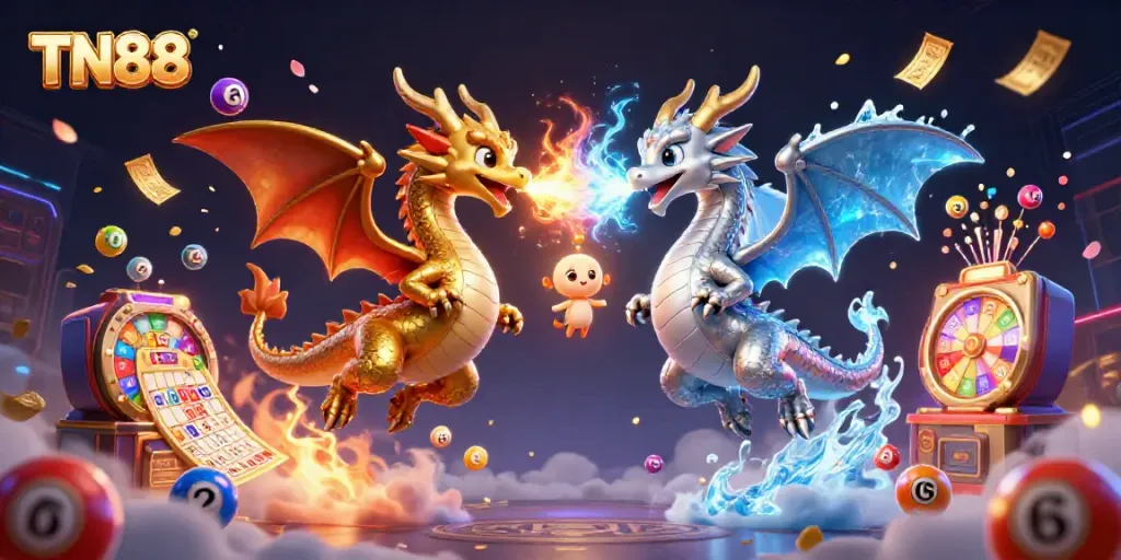 Experience thrilling gaming with TN88, featuring 3D dragons and exciting lottery elements in a vibrant atmosphere.