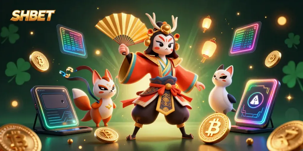 Spin to win with SHBET in a vibrant 3D casino scene featuring kabuki warrior and crypto elements.