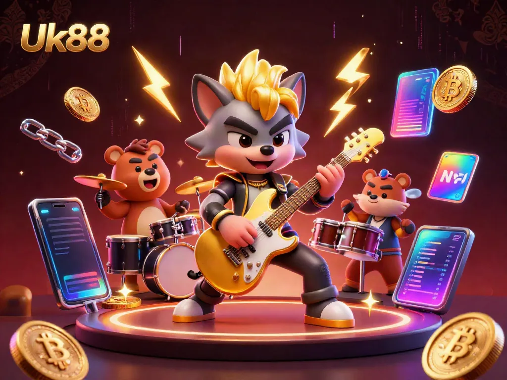 Engage with the electrifying atmosphere of Uk88 in this vibrant 3D casino scene featuring festive characters.