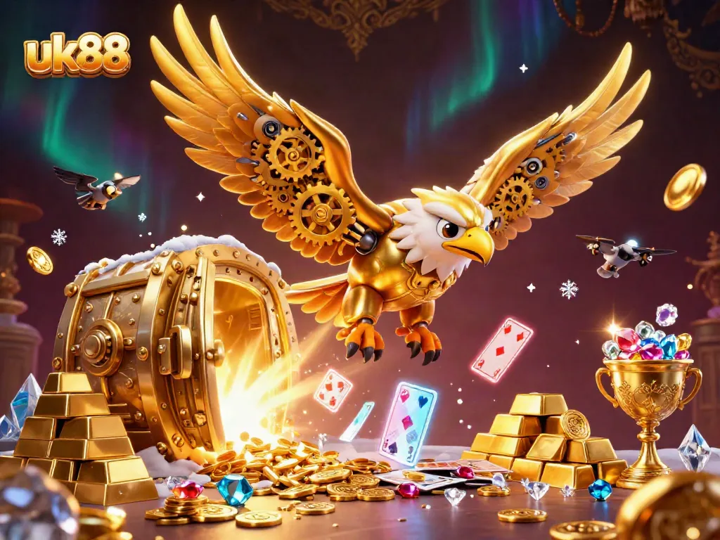 Experience thrilling jackpots at uk88 with a dazzling array of treasure and cards in this 3D casino illustration.