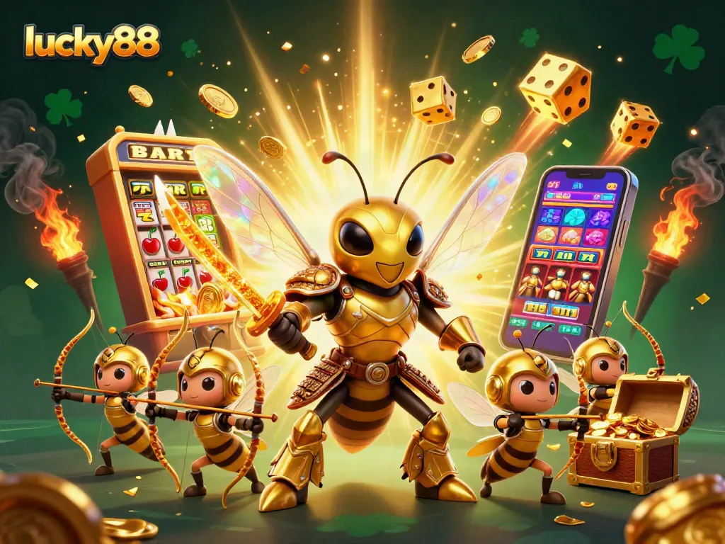 Experience exciting gameplay at lucky88 with a vibrant slot machine bursting with coins and dynamic characters.