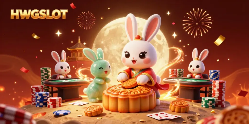 HWGSLOT moon rabbit celebrating with poker chips and festive elements on a vibrant casino-themed lunar scene.