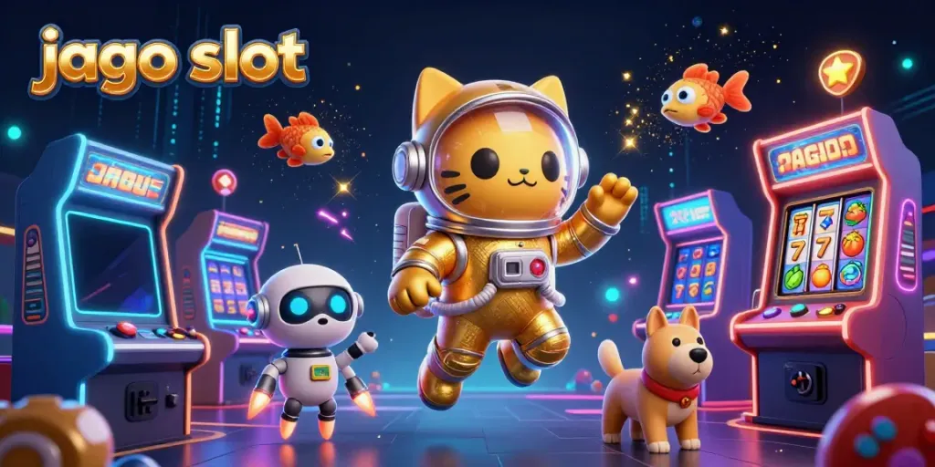 Permainan jago slot dengan kucing astronot dan anjing robot di latar bintang yang berkilauan.
