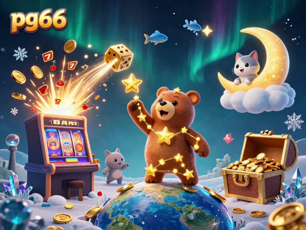 Join the excitement at pg66, where a golden constellation bear collects rewards amidst a vibrant casino atmosphere.