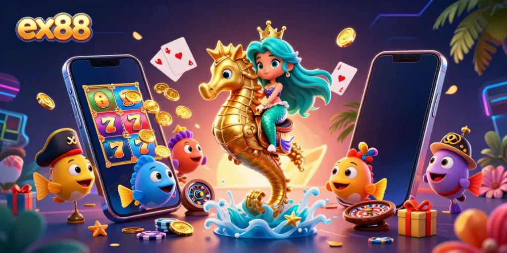 Experience the magic of ex88 with a mermaid, seahorse, and vibrant slot action in a dynamic 3D scene.