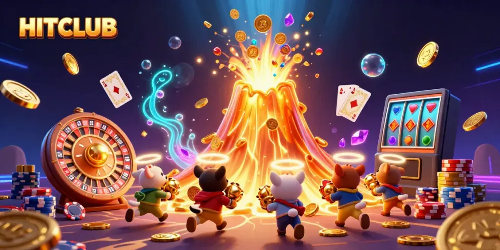 Experience the excitement of HITCLUB with this vibrant casino illustration featuring a golden volcano erupting treasure.