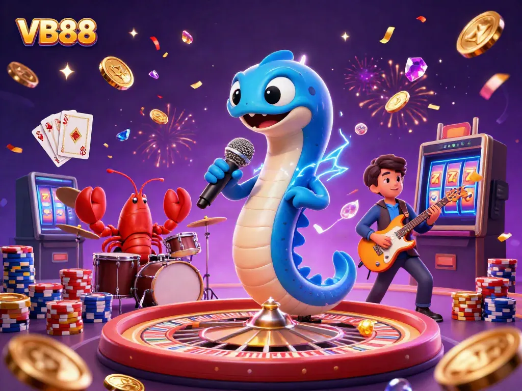 Experience thrilling gaming with VB88's live action featuring an electric eel DJ and vibrant casino elements.
