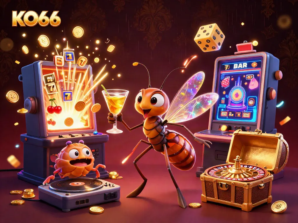 Experience the thrill of KO66 with casino mascots, dynamic slot machines, and vibrant game elements.