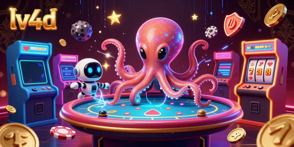 Engage with LV4D's thrilling gaming universe featuring alien octopus and poker elements.