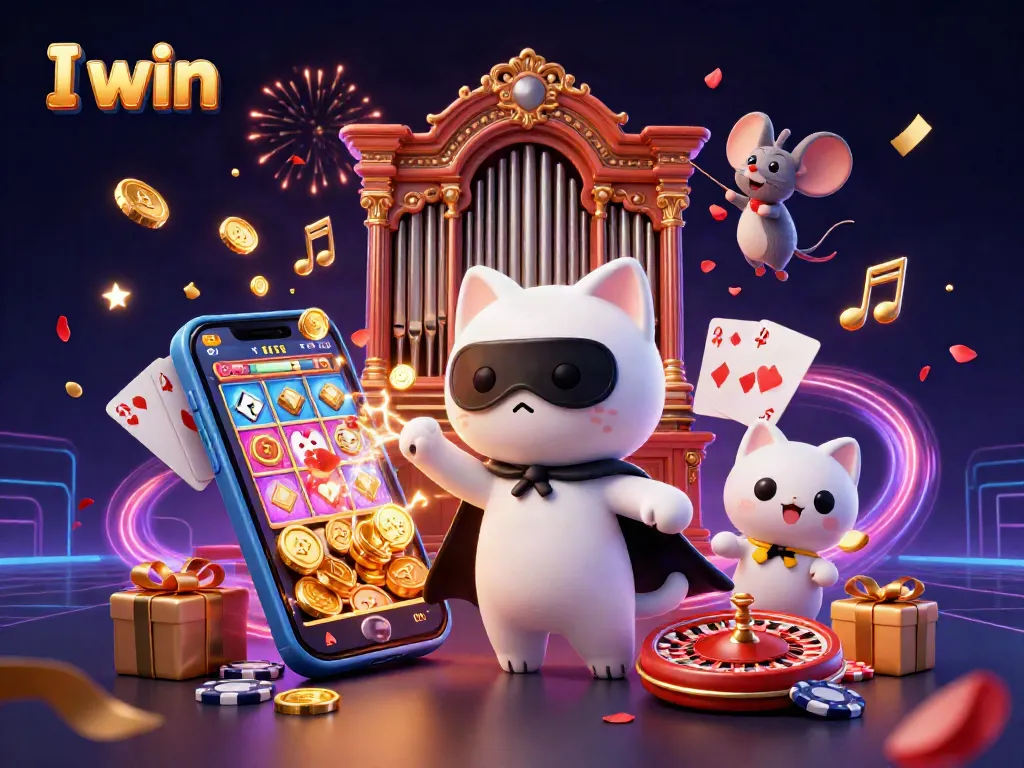 I win in a vibrant 3D casino scene with a whimsical cat and mouse, showcasing dynamic slots and colorful games.