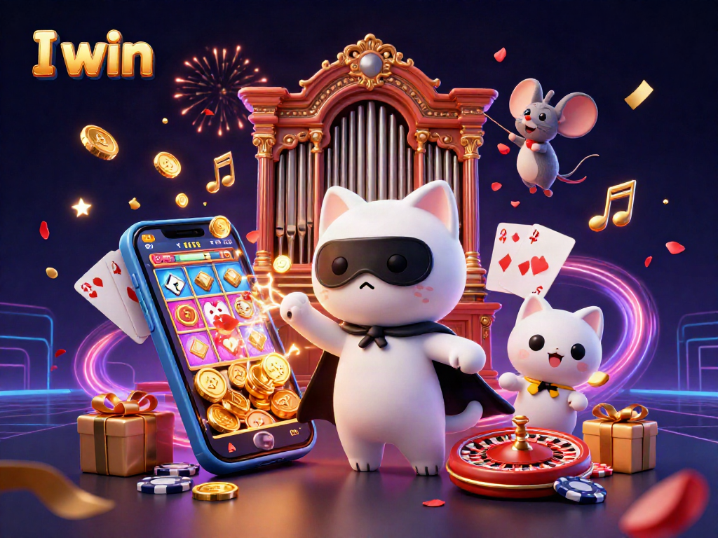 I win in a vibrant 3D casino scene with a whimsical cat and mouse, showcasing dynamic slots and colorful games.