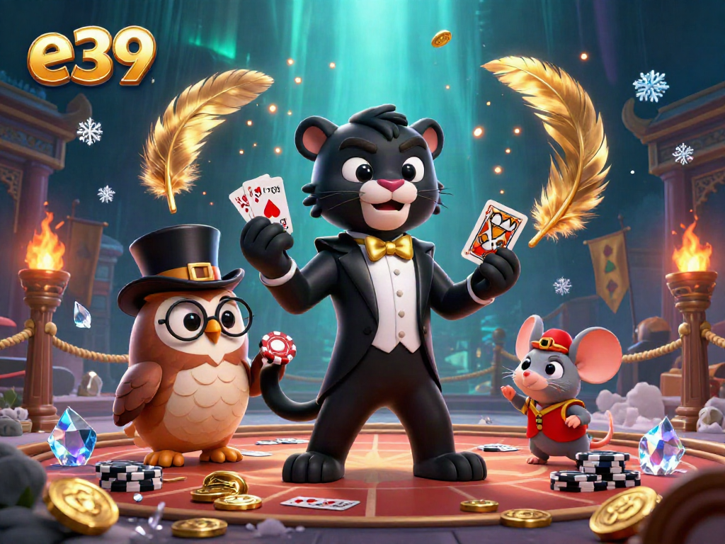 Join the thrilling world of e39 as a stylish black panther elegantly deals cards surrounded by lucky creatures and casino elements.