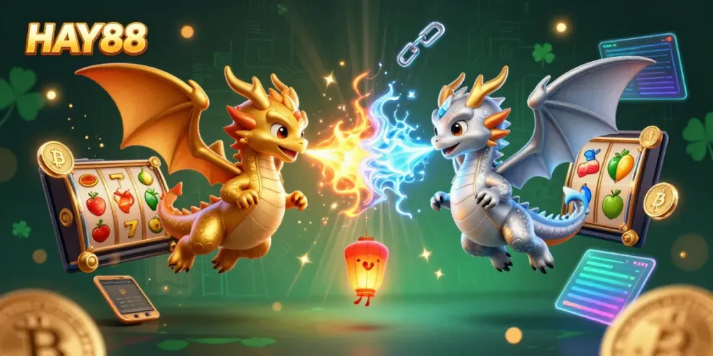 Engage with HAY88 in an immersive 3D slot game scene featuring gold and silver dragons, Bitcoin, and Ethereum elements.