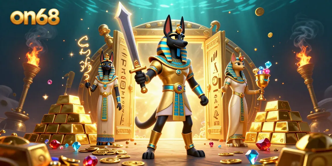 Engaging gambling scene featuring on68's Anubis and Bastet surrounded by treasures and hieroglyphs, symbolizing jackpot excitement.
