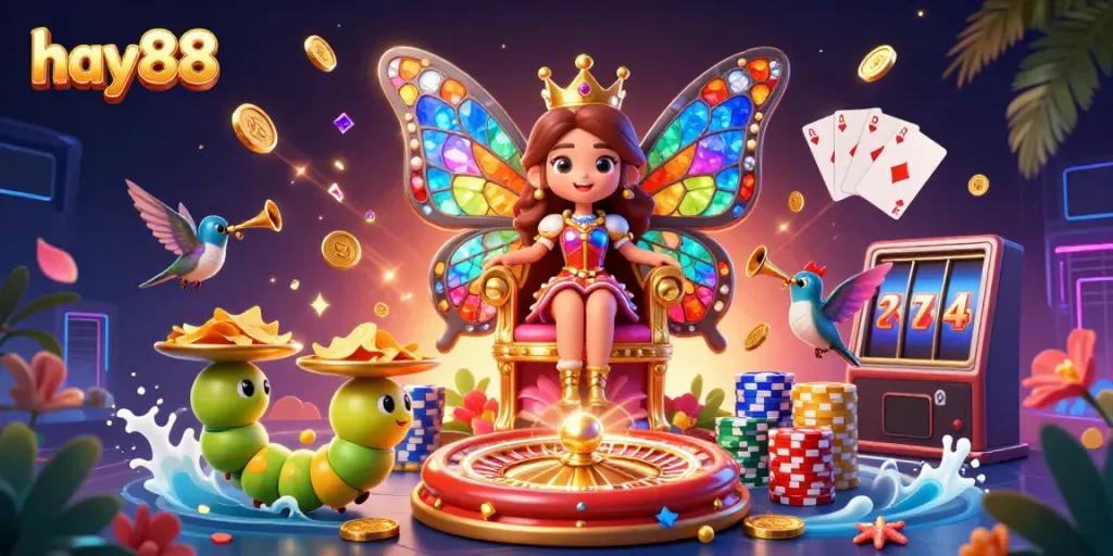 Experience excitement with hay88 in a vibrant casino fantasy, showcasing playful characters and dynamic gaming elements.