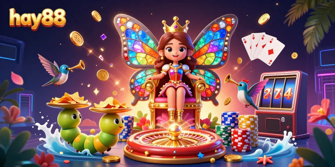 Experience excitement with hay88 in a vibrant casino fantasy, showcasing playful characters and dynamic gaming elements.