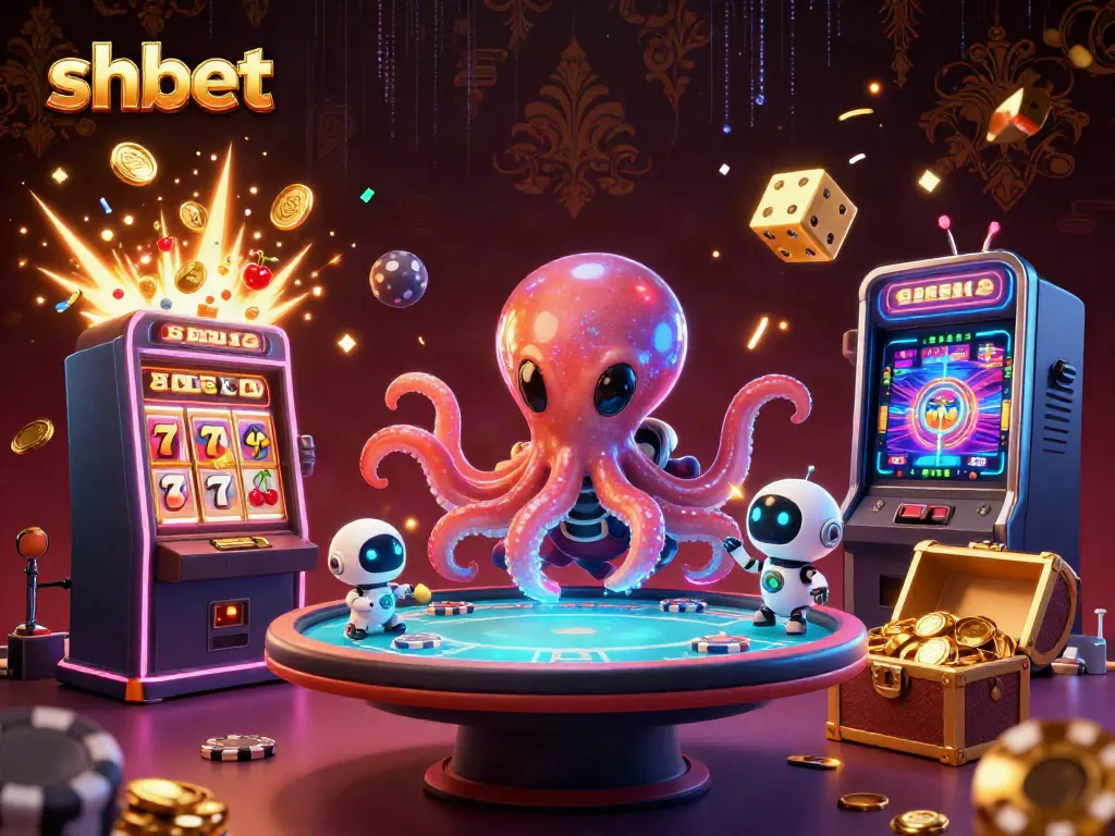 Experience the thrill of shbet with an alien octopus running a holographic poker table in a vibrant casino scene.