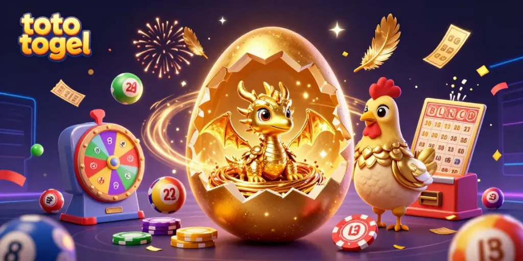 Gambarkan toto togel dengan telur emas yang terbuka, naga emas, dan banyak bola lotere yang bersemangat.
