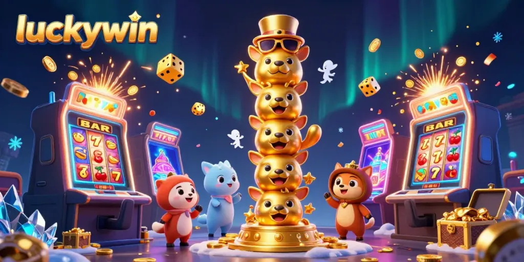 Experience the thrill of luckywin with an explosive casino scene featuring vibrant slot games and golden coins.
