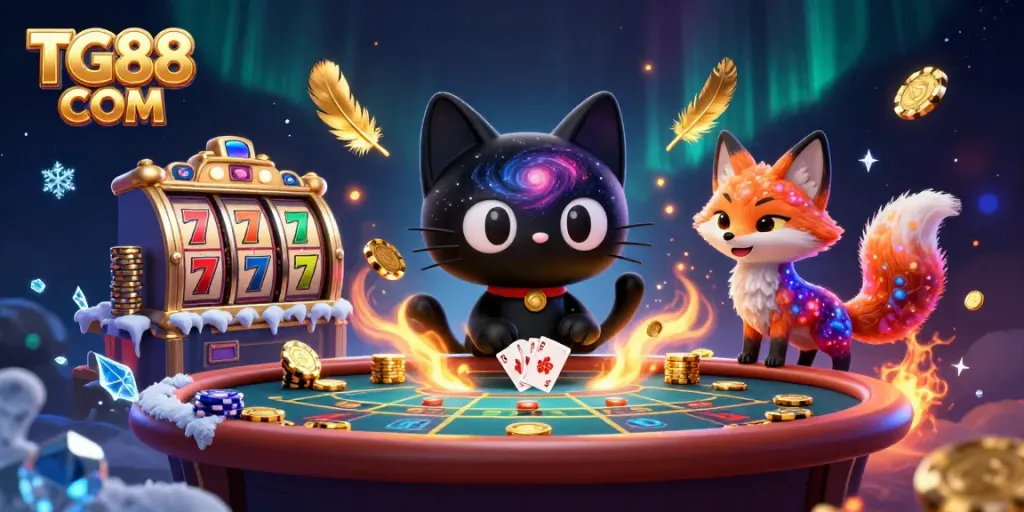 Engage in thrilling gameplay with TG88 COM at a cosmic casino, featuring a black hole cat and colorful nebula fox.