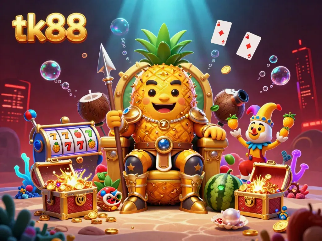 Play and win exciting multipliers in tk88's vibrant beach casino scene with lively characters and slot element.