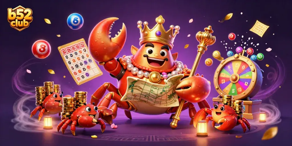 B52 Club showcases a vibrant scene with a golden crab emperor and lottery elements, perfect for immersive gameplay.