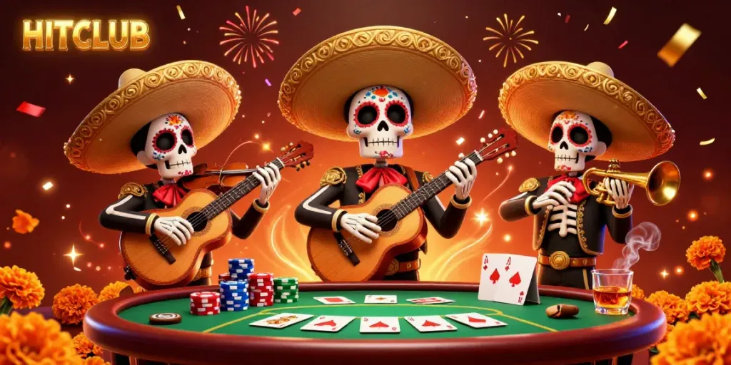 Engage in thrilling gameplay with HITCLUB as mariachi characters play instruments among vibrant casino elements.