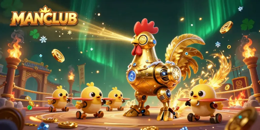 MANCLUB engages players with a golden rooster robot and energetic chick drones in a vibrant casino arena.