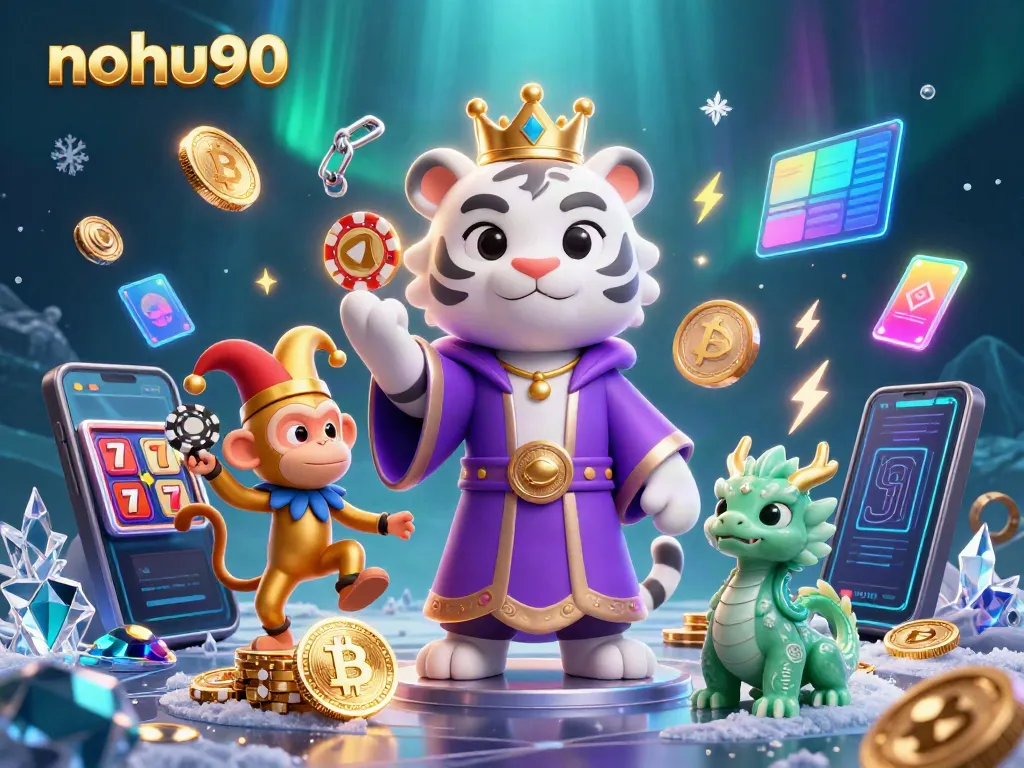 Nohu90 showcases an elegant casino world with a royal tiger, juggling monkey, and lively dragon.