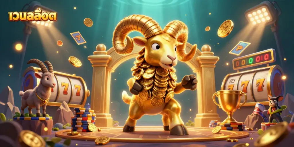 Win big with เว็บสล็อต in this thrilling 3D illustration of a golden ram charging through a casino.