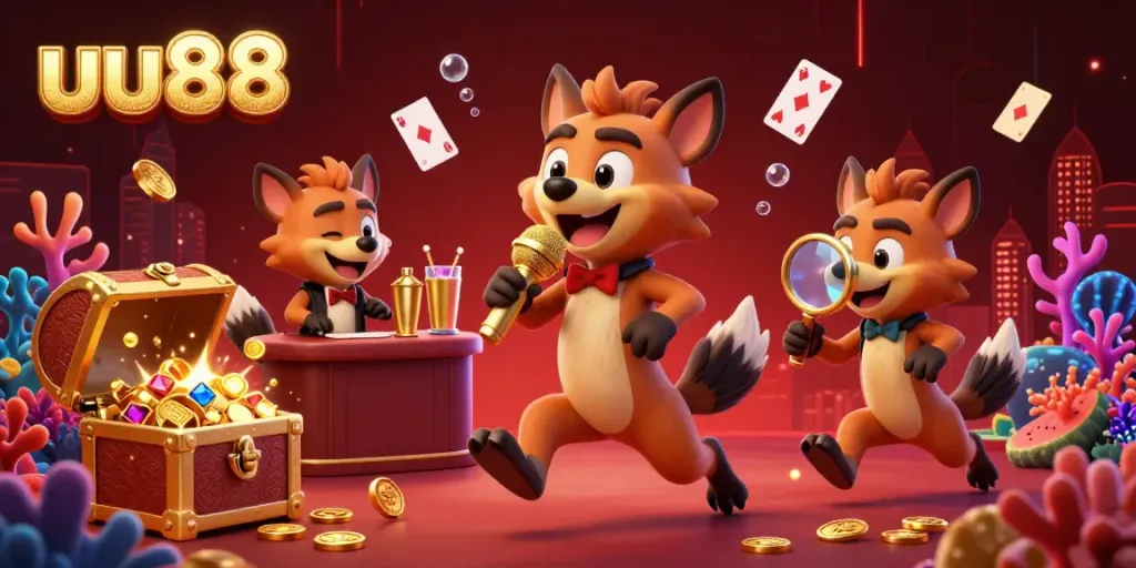Experience the lively casino atmosphere of uu88 with hyena characters engaging in fun activities.