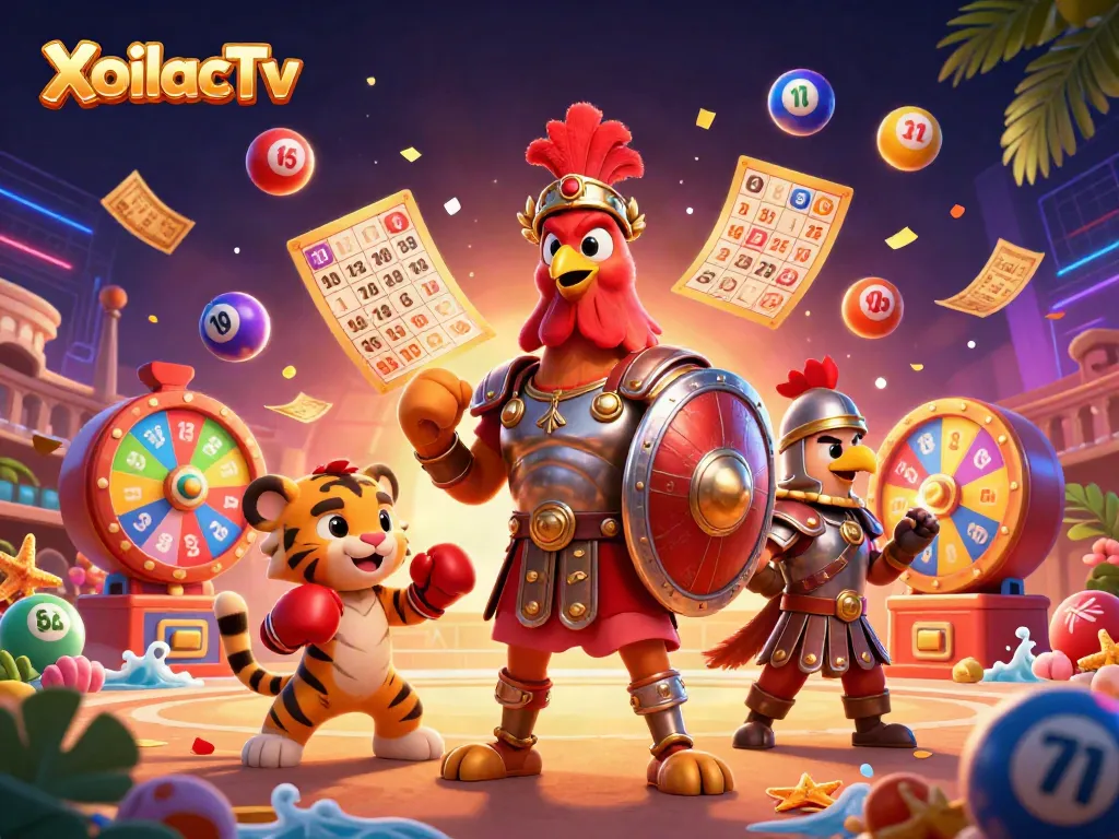 XoilacTv showcases a lively 3D scene with a gladiator rooster and a tiger cub, highlighting fun gambling elements.