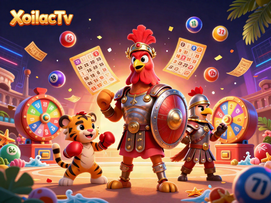XoilacTv showcases a lively 3D scene with a gladiator rooster and a tiger cub, highlighting fun gambling elements.