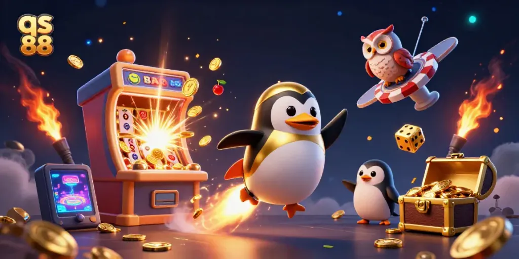 Experience the excitement of qs 88 with a golden penguin exploring a vibrant casino universe.