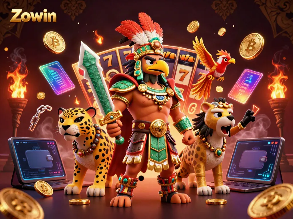 Zowin players winning big with slot reels and Aztec characters in a vibrant casino scene.