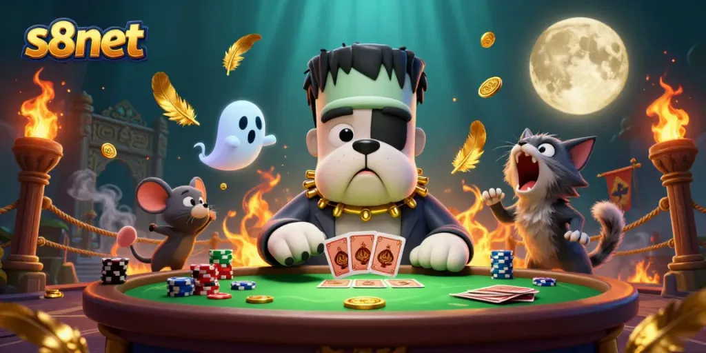 Engage in exciting card games with s8net's vibrant 3D casino illustration showcasing spooky characters.