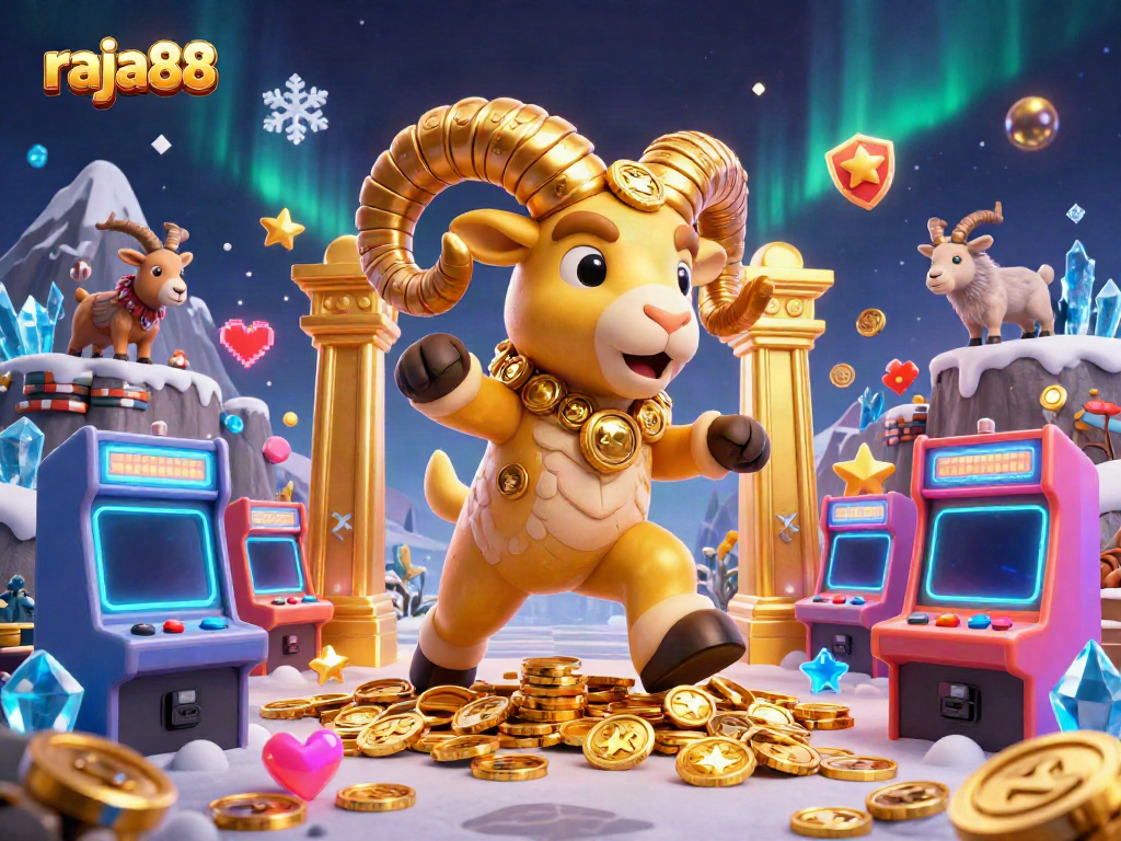 Engage in exciting gameplay with raja88, featuring a golden ram amidst colorful arcade elements.