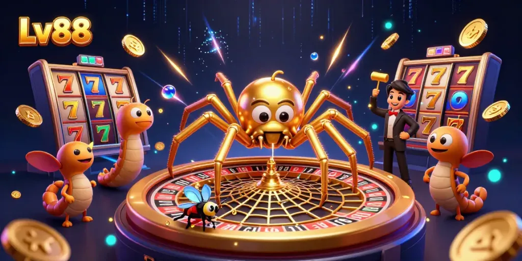 Experience the excitement of Lv88 as a golden spider spins a roulette wheel web amidst vibrant casino action.