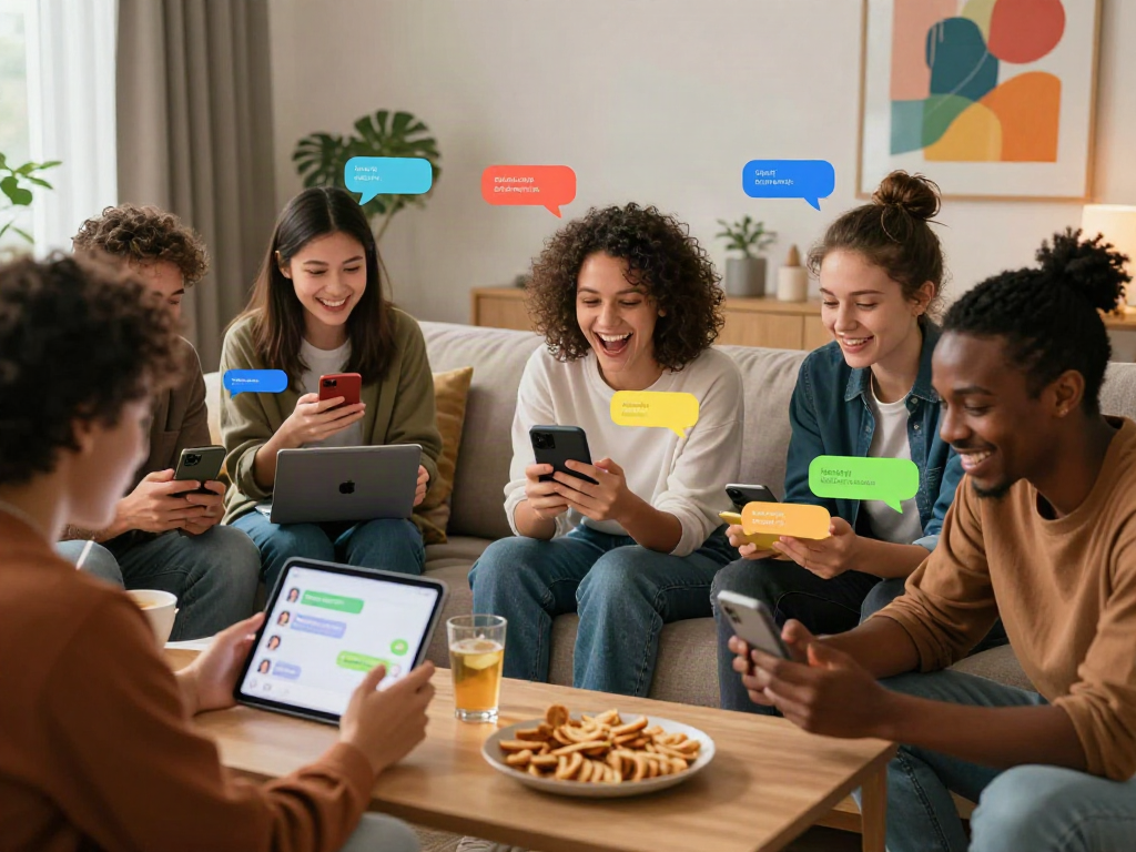 Interactive scene of friends using an AI chat nsfw app in a cozy living room.