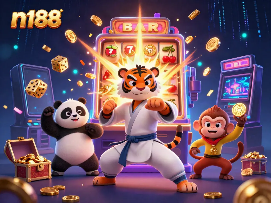 Engage in thrilling n188 slot action with a 3D tiger master, panda disciple, and playful monkey amidst jackpot excitement.