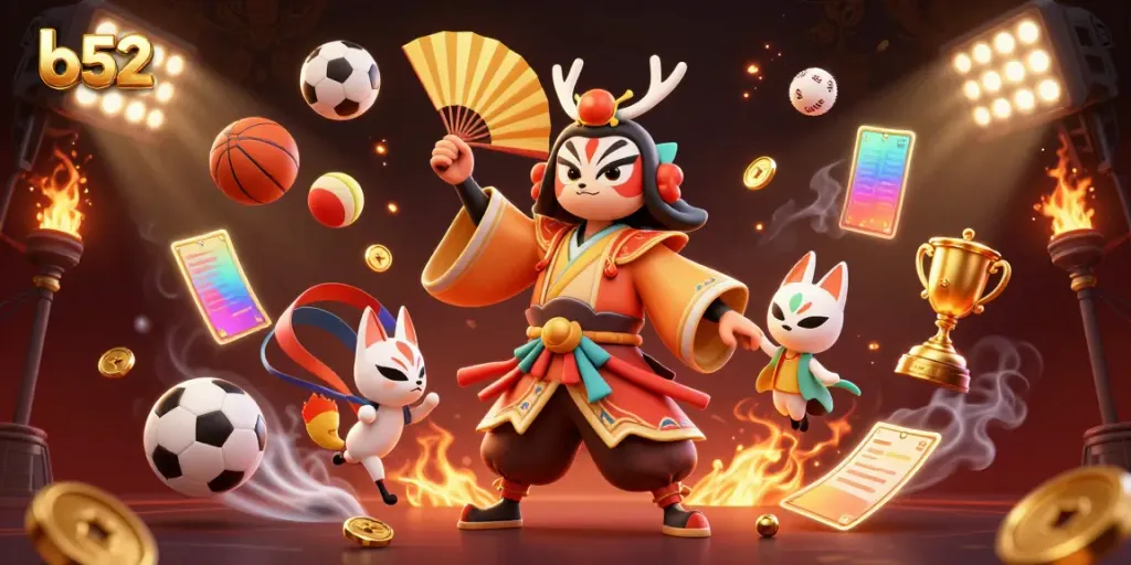B52-themed dynamic casino illustration with kabuki warrior, sports elements, and vibrant colors.