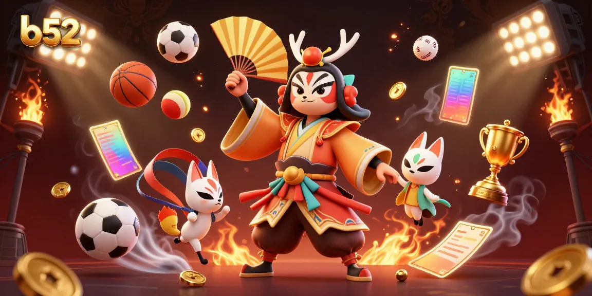 B52-themed dynamic casino illustration with kabuki warrior, sports elements, and vibrant colors.