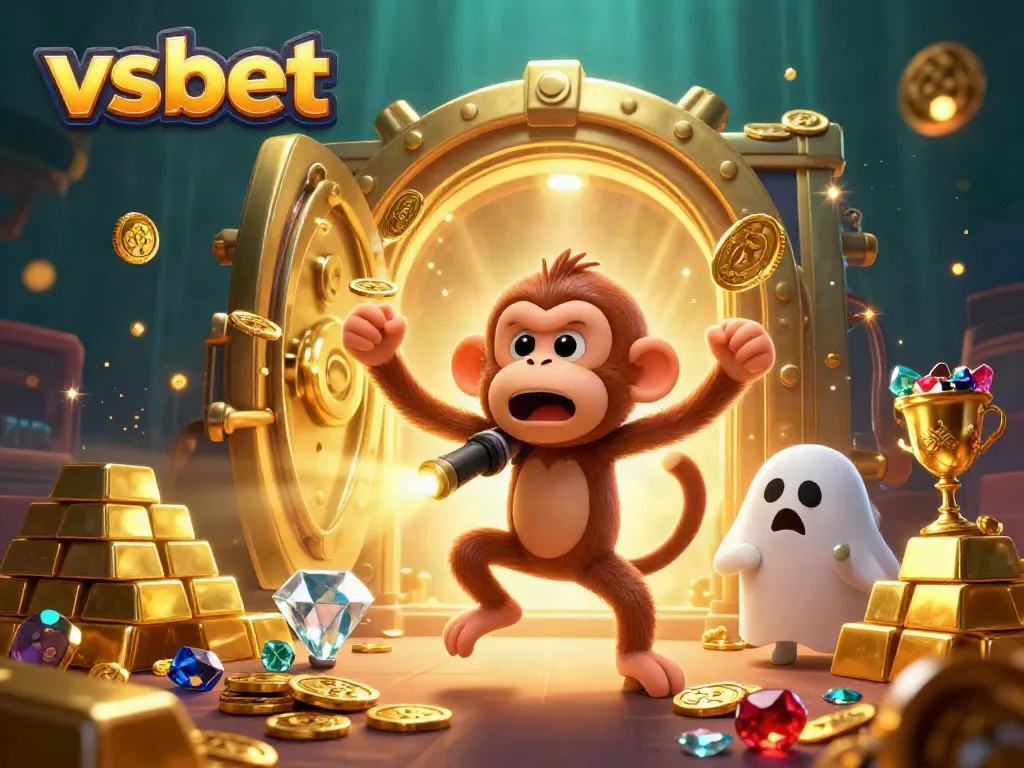 Engaging vsbet gambling scene with a ghostly monkey juggler and a curious puppy tracking golden treasures in a vibrant casino.