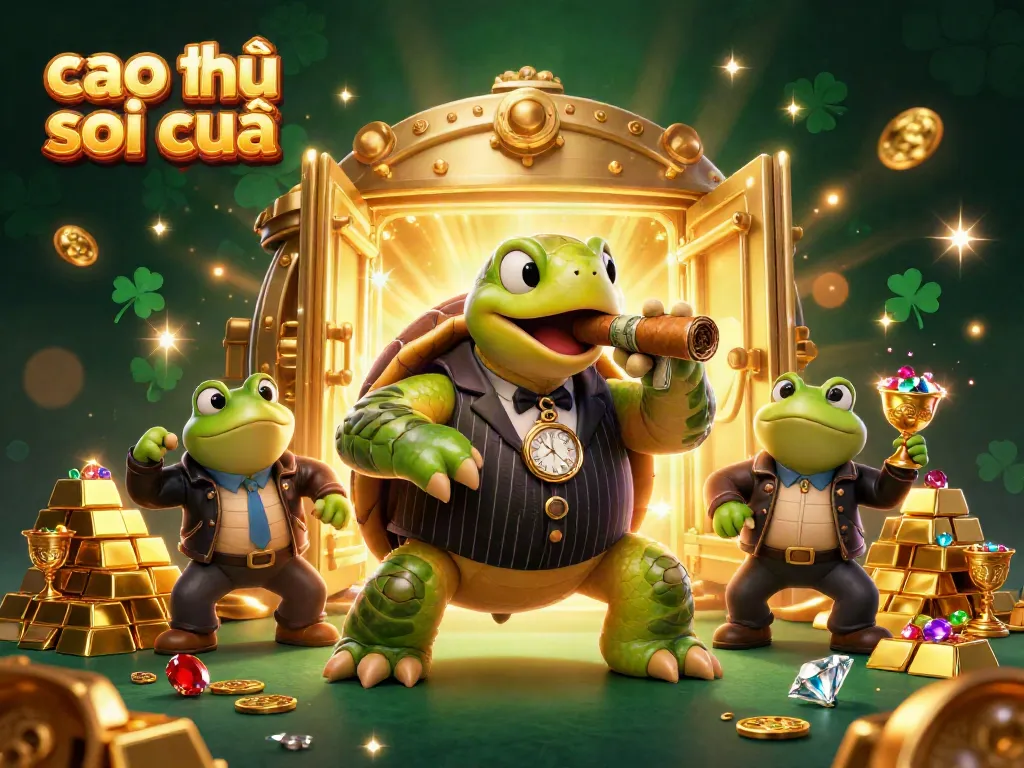 Cao thủ soi cầu illustration featuring a 3D turtle gangster and frog enforcers on a lavish casino floor.