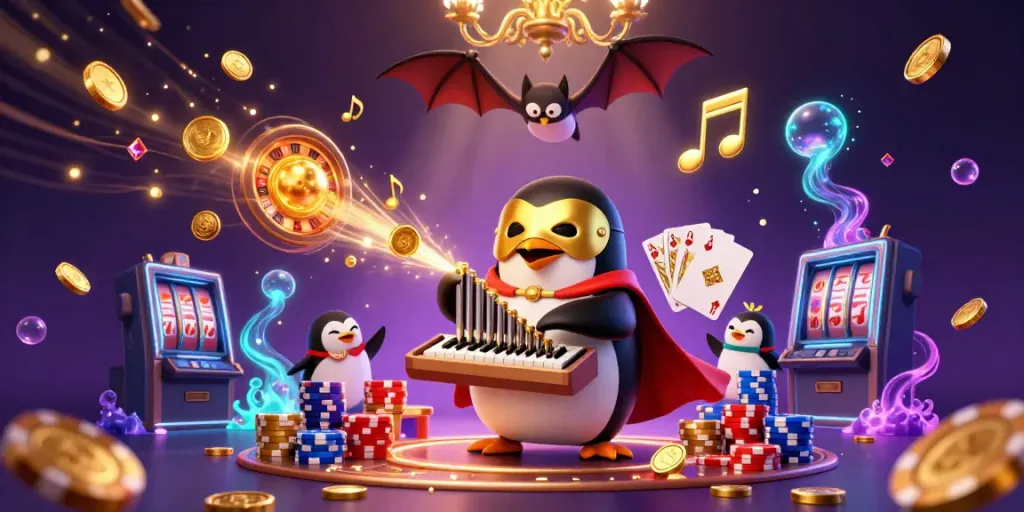 Experience the excitement of c168 with a dynamic 3D casino scene filled with whimsical characters and gaming elements.