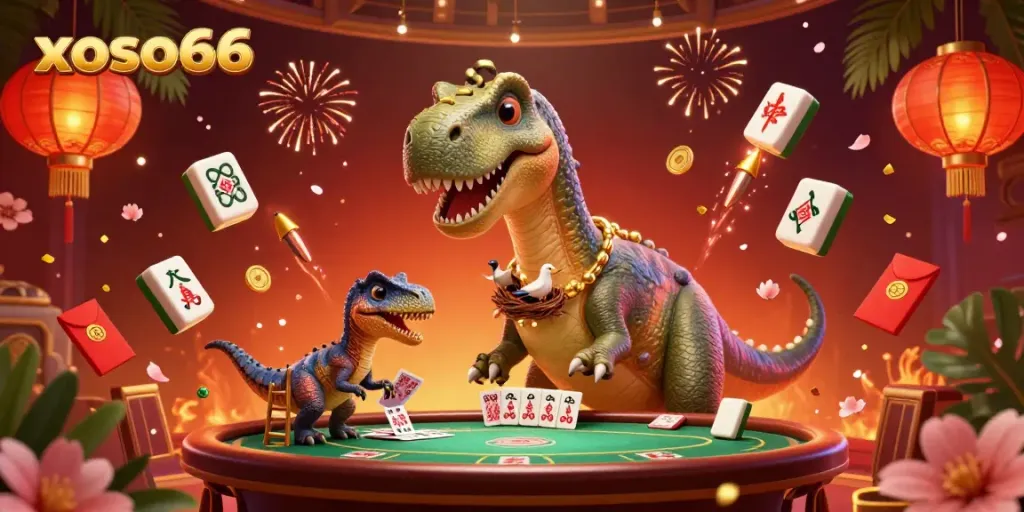 xoso66 delivers a whimsical casino experience featuring a cartoon brontosaurus and clever raptor amidst vibrant game elements.