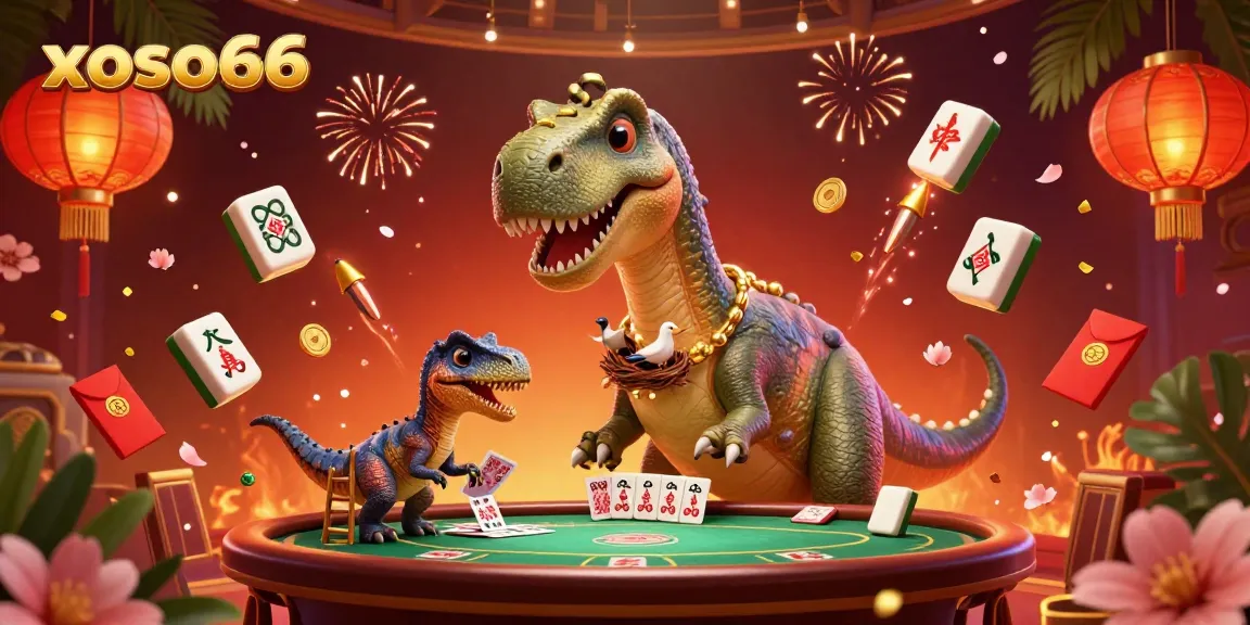 xoso66 delivers a whimsical casino experience featuring a cartoon brontosaurus and clever raptor amidst vibrant game elements.