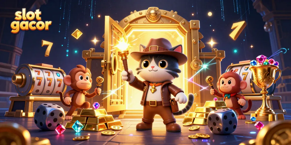 Gamer mencoba slot gacor dengan pengantar karakter kucing dan monyet di latar kuil yang berkilau.
